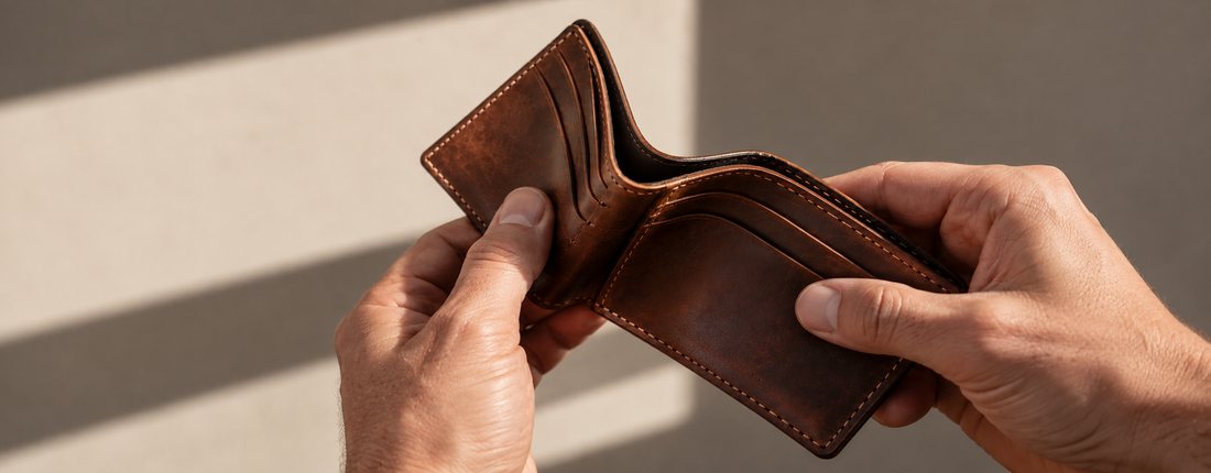 Hands gently flexing a handmade brown leather wallet to break in the leather.