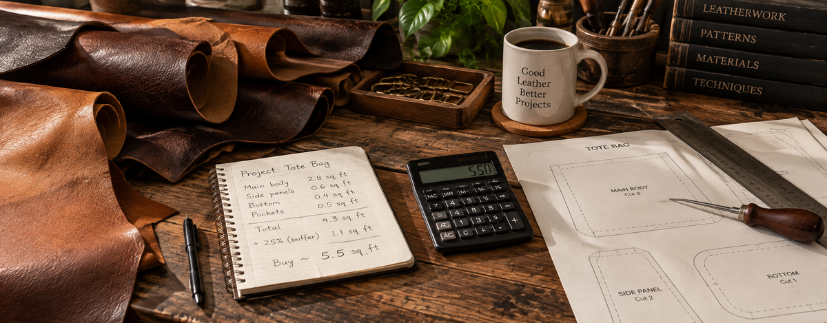 Leather hides, printed tote bag patterns, measurements and a calculator on a leatherworking bench for estimating project material needs.