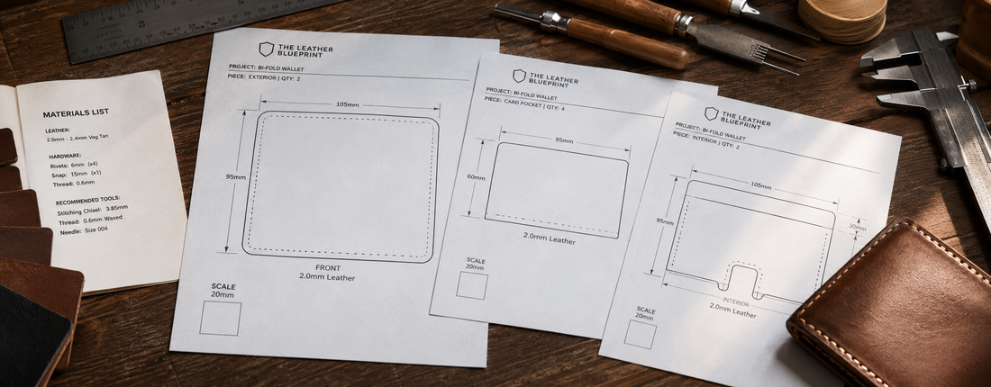 Digital leather wallet pattern templates with measurements, scale guides and leathercraft tools, ready for accurate printing and cutting.