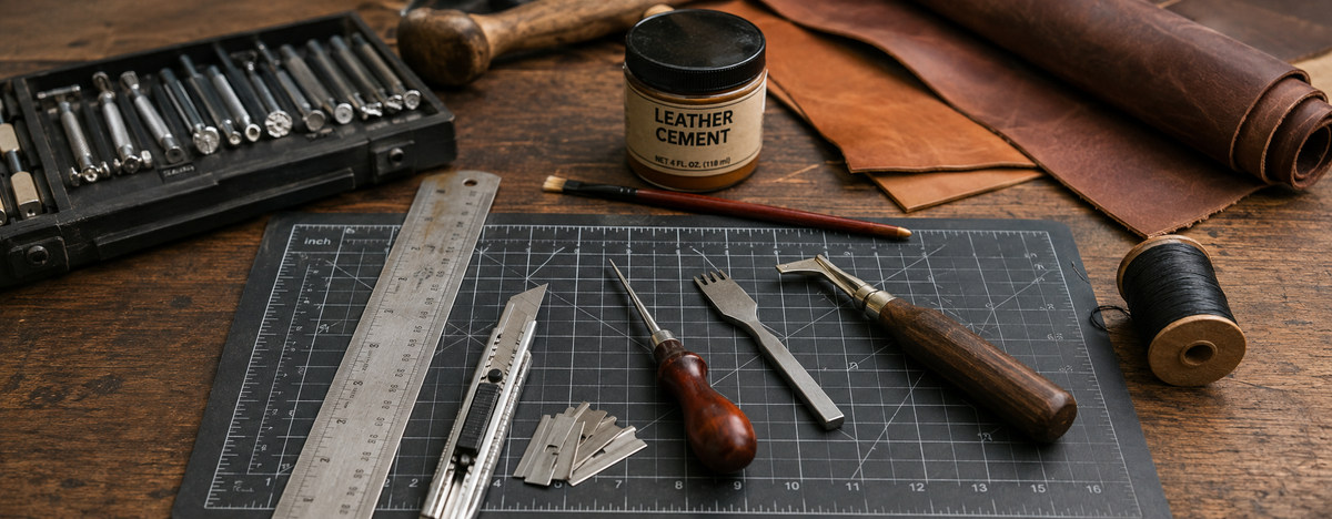 Leathercraft workbench with essential beginner tools, including a utility knife, steel ruler, cutting mat, awl, edge beveler, stitching chisel, leather cement, thread and leather pieces.